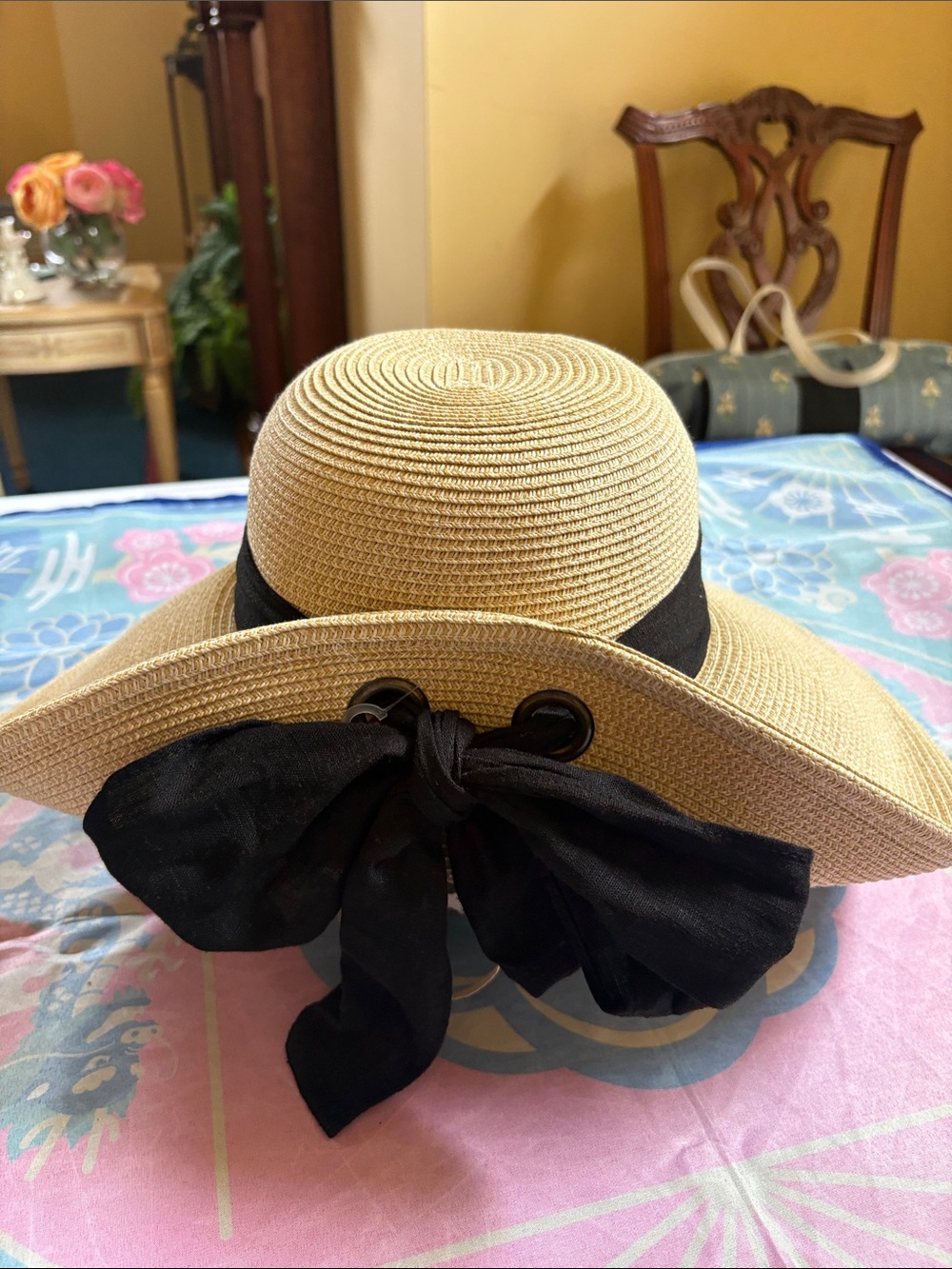 Straw Sun Hat with Black Bow - Women's Summer Floppy Beach Hat